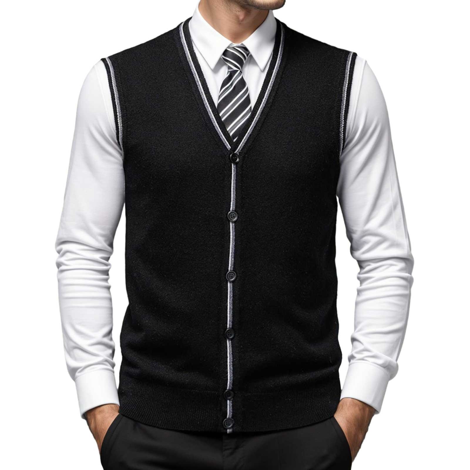thumbnail image 5 of Chaleco de lana con cuello en V y hebilla para hombre - Color liso, sin cuello, ideal para citas o trabajo - Para todas las estaciones (M-XXXL), 5 of 5